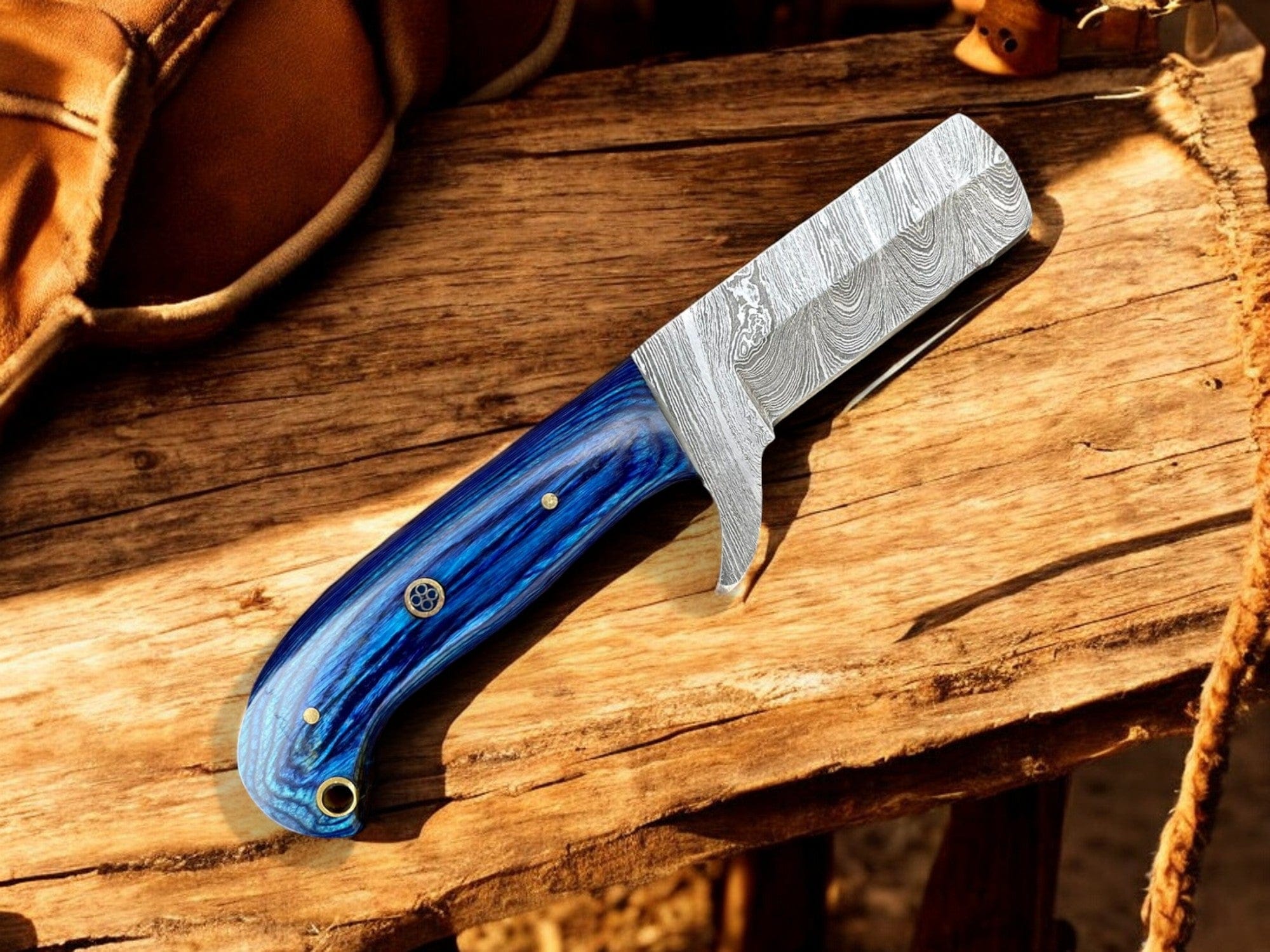 KBS Knives Store Cowboy Knife Premium Damascus Bull Cutter Knife - 7" Hand Forged Steel with Exotic Blue Wood Handle