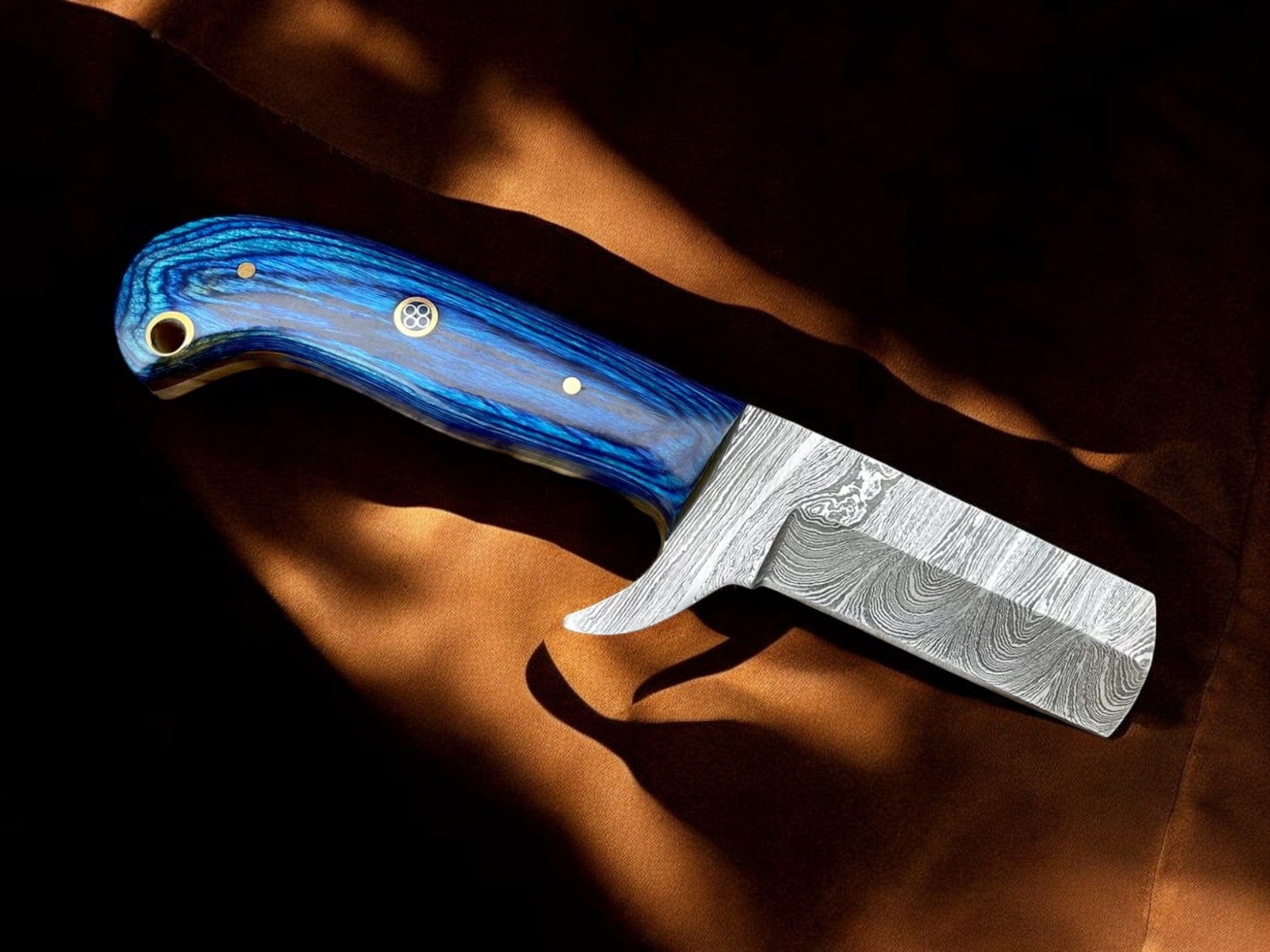 KBS Knives Store Cowboy Knife Premium Damascus Bull Cutter Knife - 7" Hand Forged Steel with Exotic Blue Wood Handle