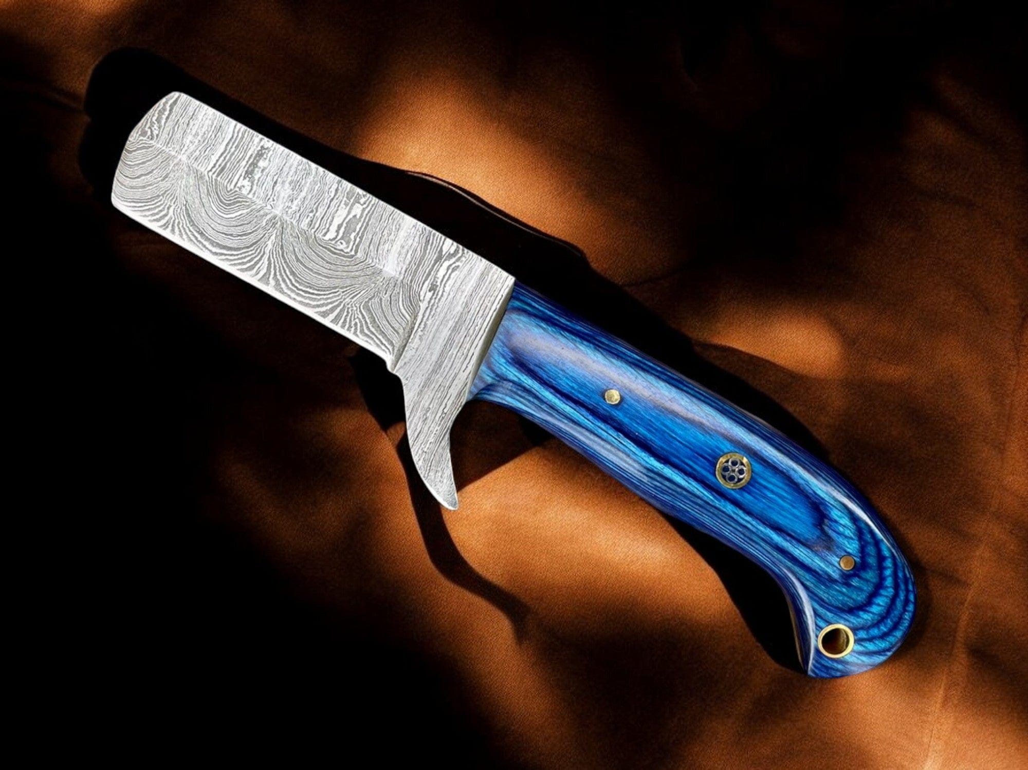 KBS Knives Store Cowboy Knife Premium Damascus Bull Cutter Knife - 7" Hand Forged Steel with Exotic Blue Wood Handle
