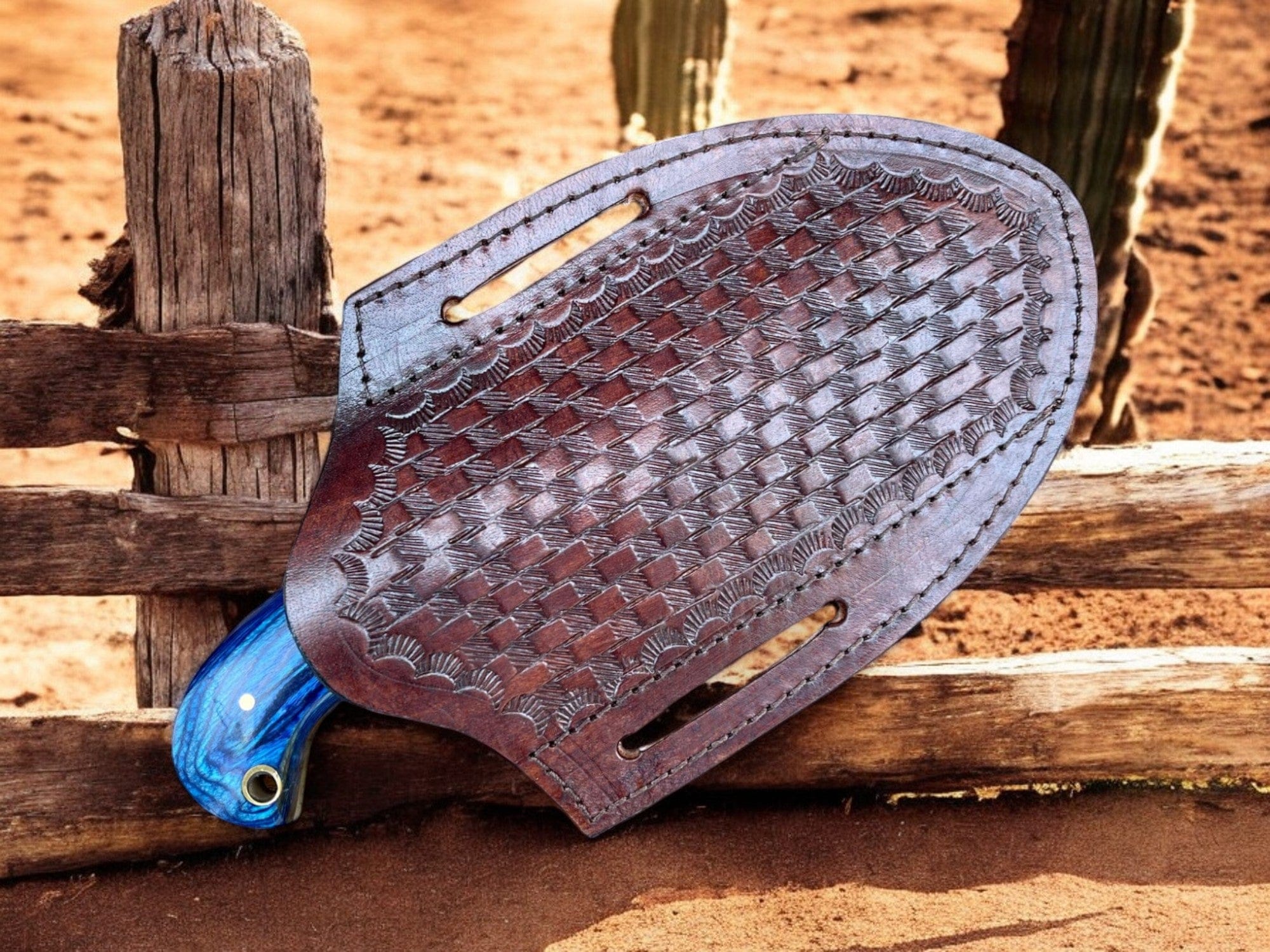 KBS Knives Store Cowboy Knife Premium Damascus Bull Cutter Knife - 7" Hand Forged Steel with Exotic Blue Wood Handle
