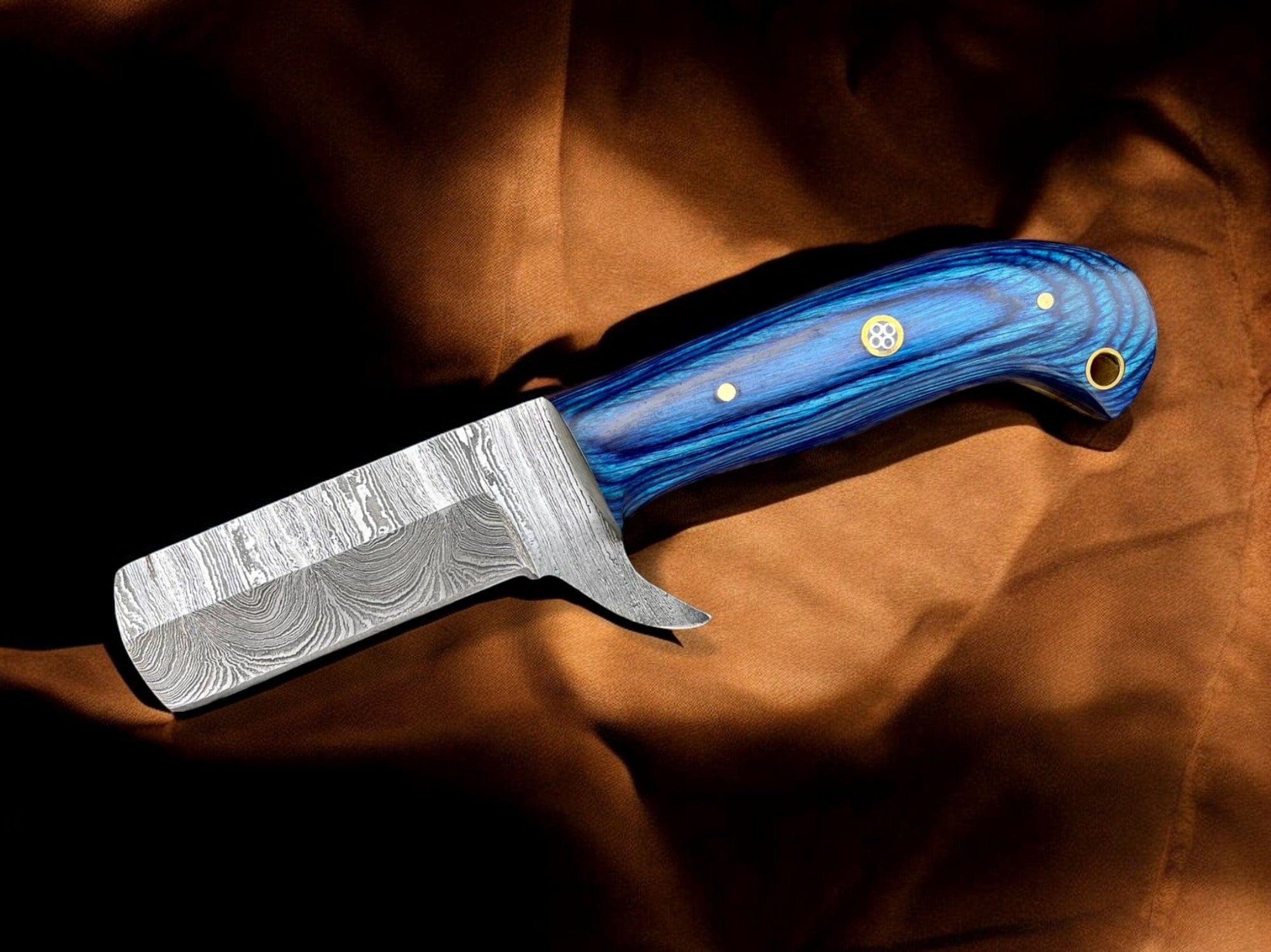 KBS Knives Store Cowboy Knife Premium Damascus Bull Cutter Knife - 7" Hand Forged Steel with Exotic Blue Wood Handle