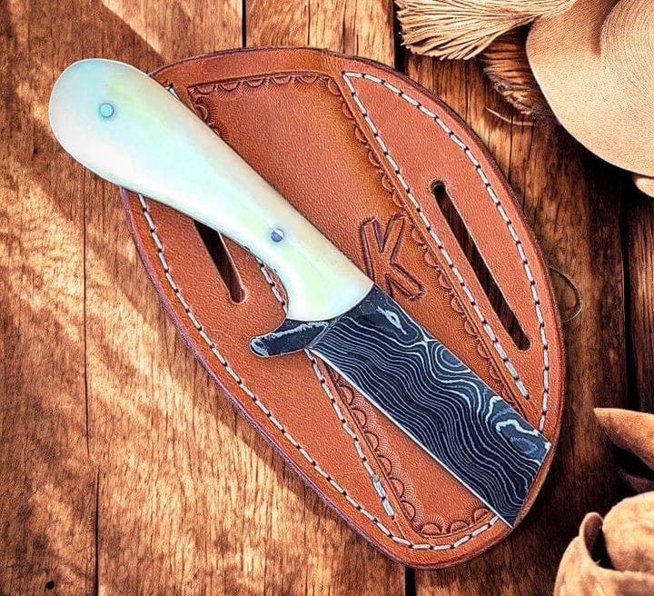 KBS Knives Store Cowboy Knife Premium Damascus Steel Bull Cutter Knife - 8" Handforged with Bone Handle & Western Sheath