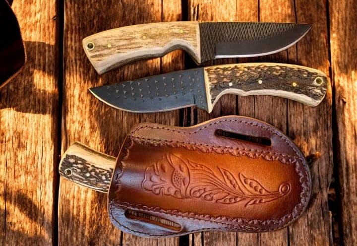 KBS Knives Store Cowboy Knife Ranch Cowboy Knives and Sheaths – 8" Black Powder Coated Rasp Steel Blade with Antler Horn Handle