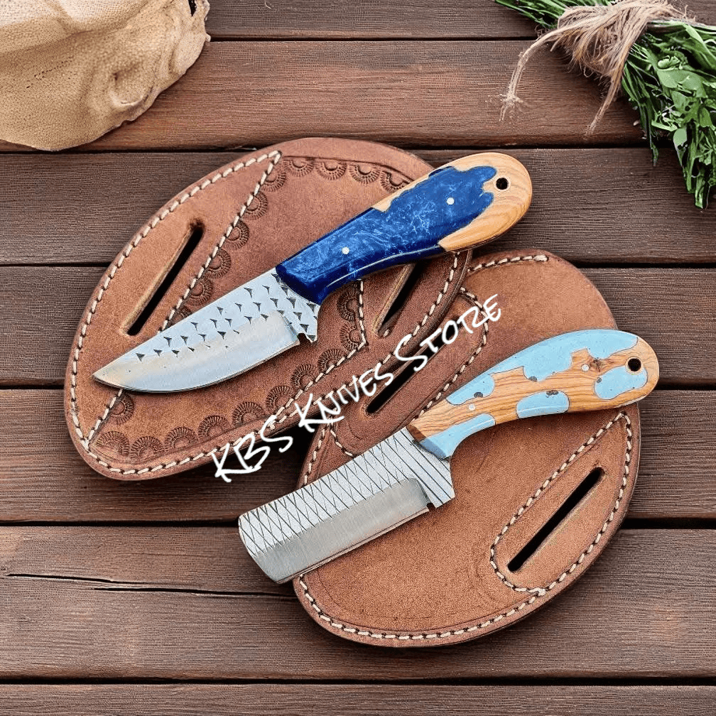 KBS Knives Store Cowboy Knife Ranch Cowboy Knives and Sheaths Set - 3.75" Rasp Steel Bull Cutter & Cowboy Knife with Epoxy Olivewood Handles