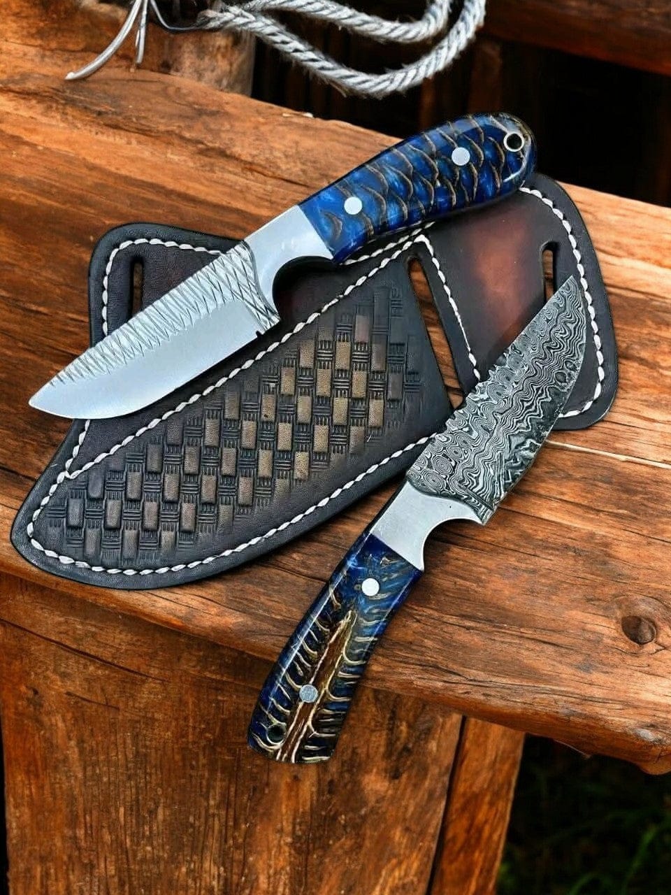 KBS Knives Store Cowboy Knife Ranch Knife with Sheath, Damascus & Rasp Steel 8"