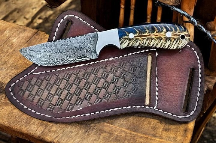 KBS Knives Store Cowboy Knife Rancher’s Knife – Damascus Steel with Pine-Cone Resin Handle & Leather Sheath