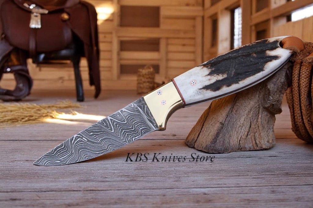 KBS Knives Store Cowboy Knife STAG TRACK STEEL – BUCKAROO WESTERN CUTLERY KNIFE WITH DAMASCUS & ANTLER HORN