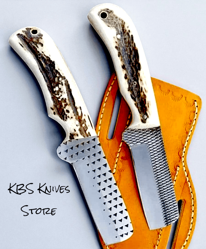 KBS Knives Store Cowboy Knife Western Knife for Sale – Rasp Steel 8" Full Tang Bull Cutter with Antler Horn Handle & Leather Sheath