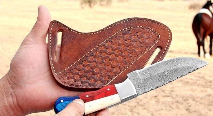KBS Knives Store Cowboy Knife Western Knives – 8.5" Damascus Blade with Texas Flag Handle in Bone & Exotic Woods