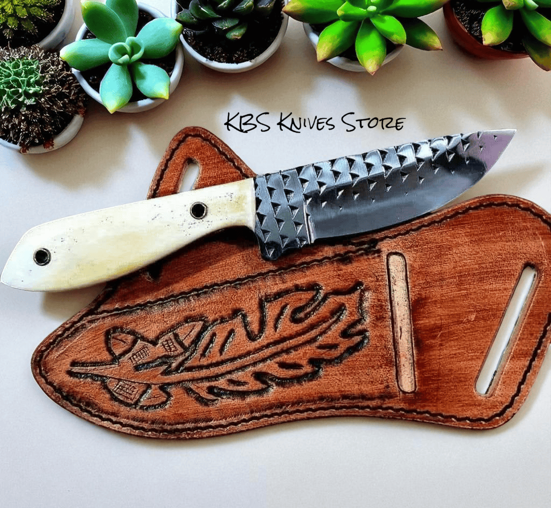 KBS Knives Store Cowboy Knife Western USA Knife – Rasp Steel 8" Full Tang with Deer Bone Handle & Leather Sheath