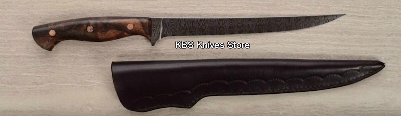 KBS Knives Store Damascus Knife 7" Fillet Knife Damascus Steel with Sheath