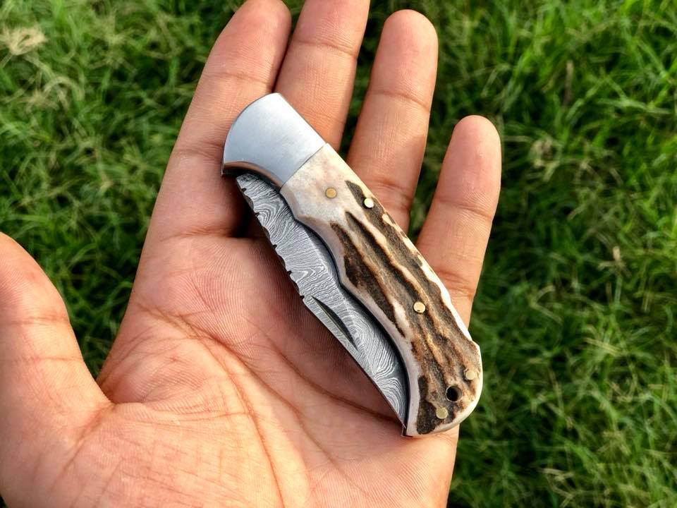 KBS Knives Store Damascus Knife Beautiful Custom Handmade Damascus Steel EDC back Lock Pocket knife