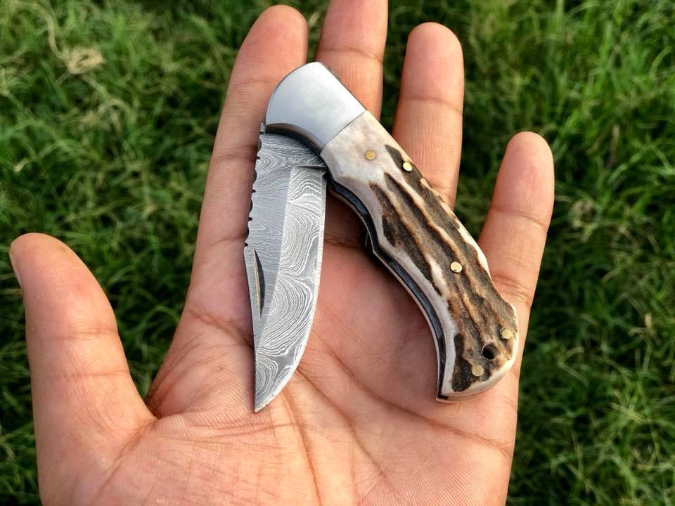 KBS Knives Store Damascus Knife Beautiful Custom Handmade Damascus Steel EDC back Lock Pocket knife