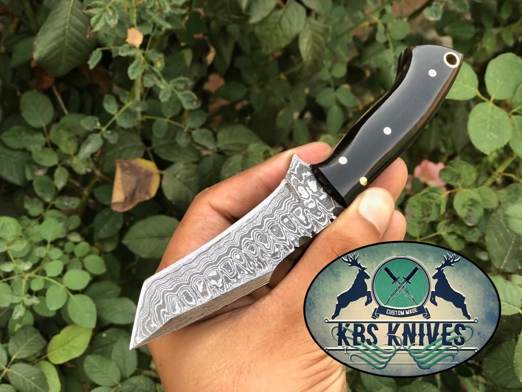 KBS Knives Store Damascus Knife Beautiful Custom Handmade Damascus Steel EDC Tanto Blade Knife