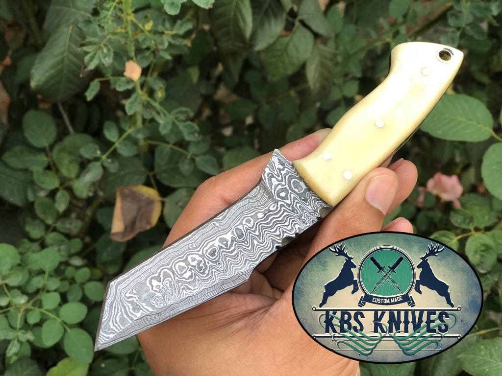 KBS Knives Store Damascus Knife Beautiful Custom Handmade Damascus Steel EDC Tanto Blade Knife