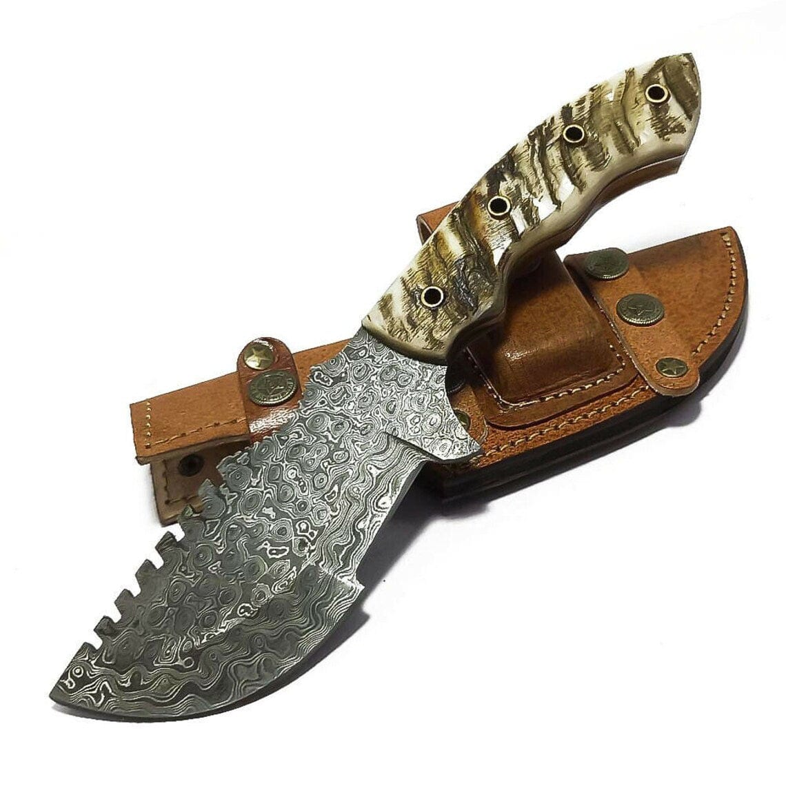 KBS Knives Store Damascus Knife Best Tracker Knife – Handmade Raindrop Damascus with Sheep Horn Handle