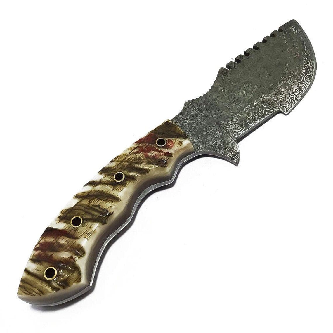 KBS Knives Store Damascus Knife Best Tracker Knife – Handmade Raindrop Damascus with Sheep Horn Handle