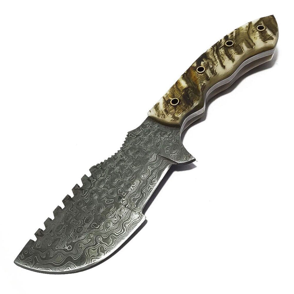KBS Knives Store Damascus Knife Best Tracker Knife – Handmade Raindrop Damascus with Sheep Horn Handle