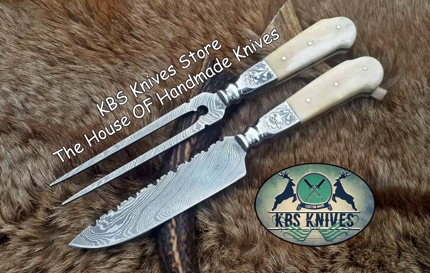KBS Knives Store Damascus Knife Custom Handmade Damascus Blade Fork And BBQ Knife Set