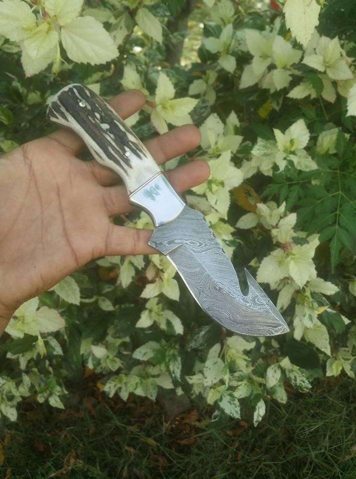 KBS Knives Store Damascus Knife Custom Handmade Damascus Steel Elk Antler Guthook Knife