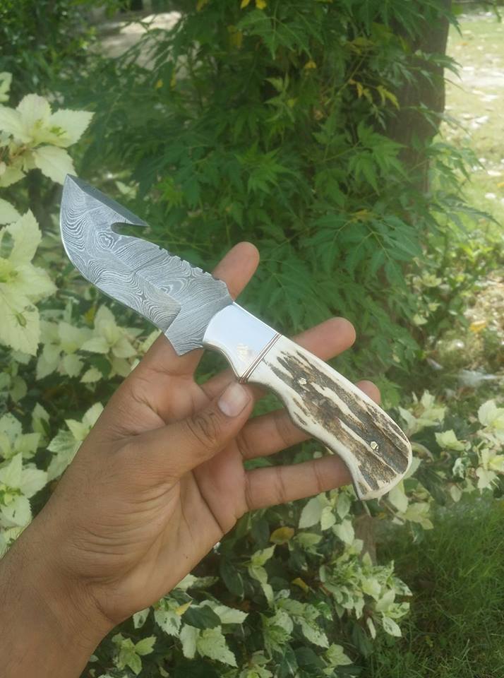 KBS Knives Store Damascus Knife Custom Handmade Damascus Steel Elk Antler Guthook Knife