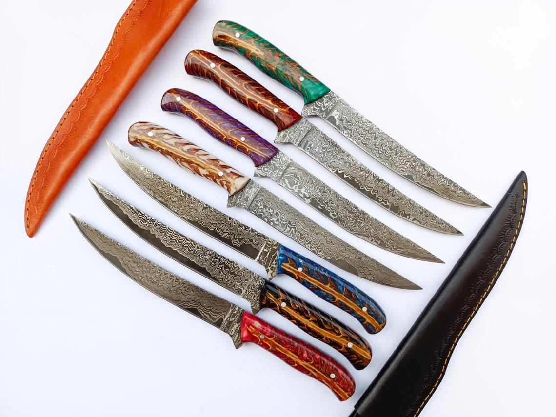 KBS Knives Store Damascus Knife Custom Handmade Damascus Steel Fillet Knife with Epoxy Resin Pine Cone Handle - 13 Inch Length with Leather Sheath