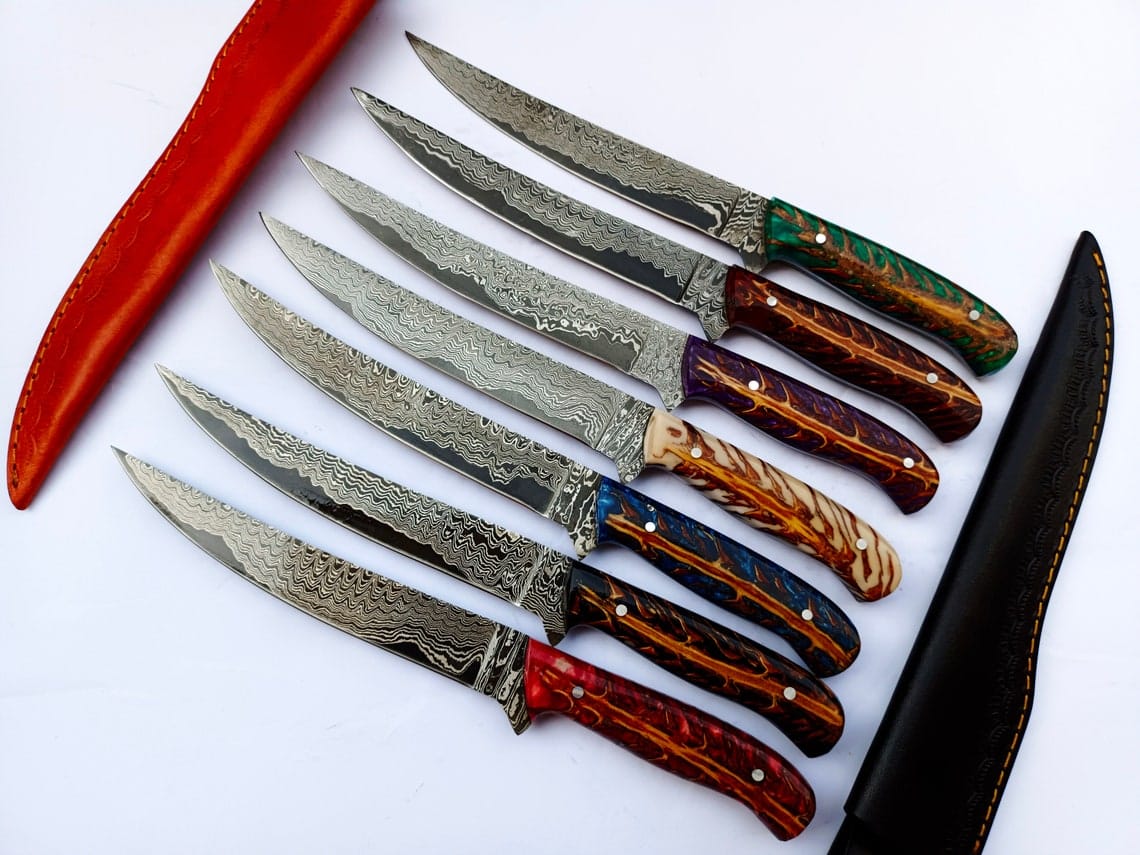 KBS Knives Store Damascus Knife Custom Handmade Damascus Steel Fillet Knife with Epoxy Resin Pine Cone Handle - 13 Inch Length with Leather Sheath