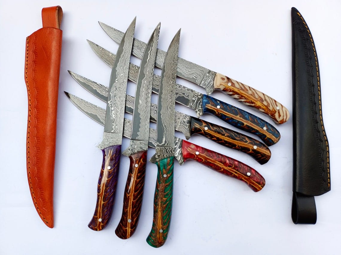 KBS Knives Store Damascus Knife Custom Handmade Damascus Steel Fillet Knife with Epoxy Resin Pine Cone Handle - 13 Inch Length with Leather Sheath