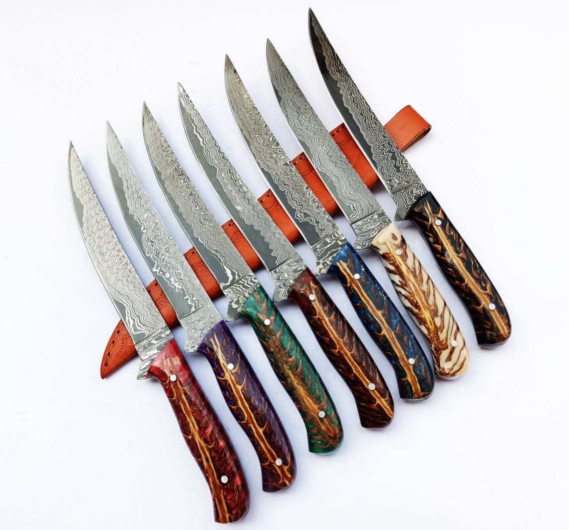 KBS Knives Store Damascus Knife Custom Handmade Damascus Steel Fillet Knife with Epoxy Resin Pine Cone Handle - 13 Inch Length with Leather Sheath