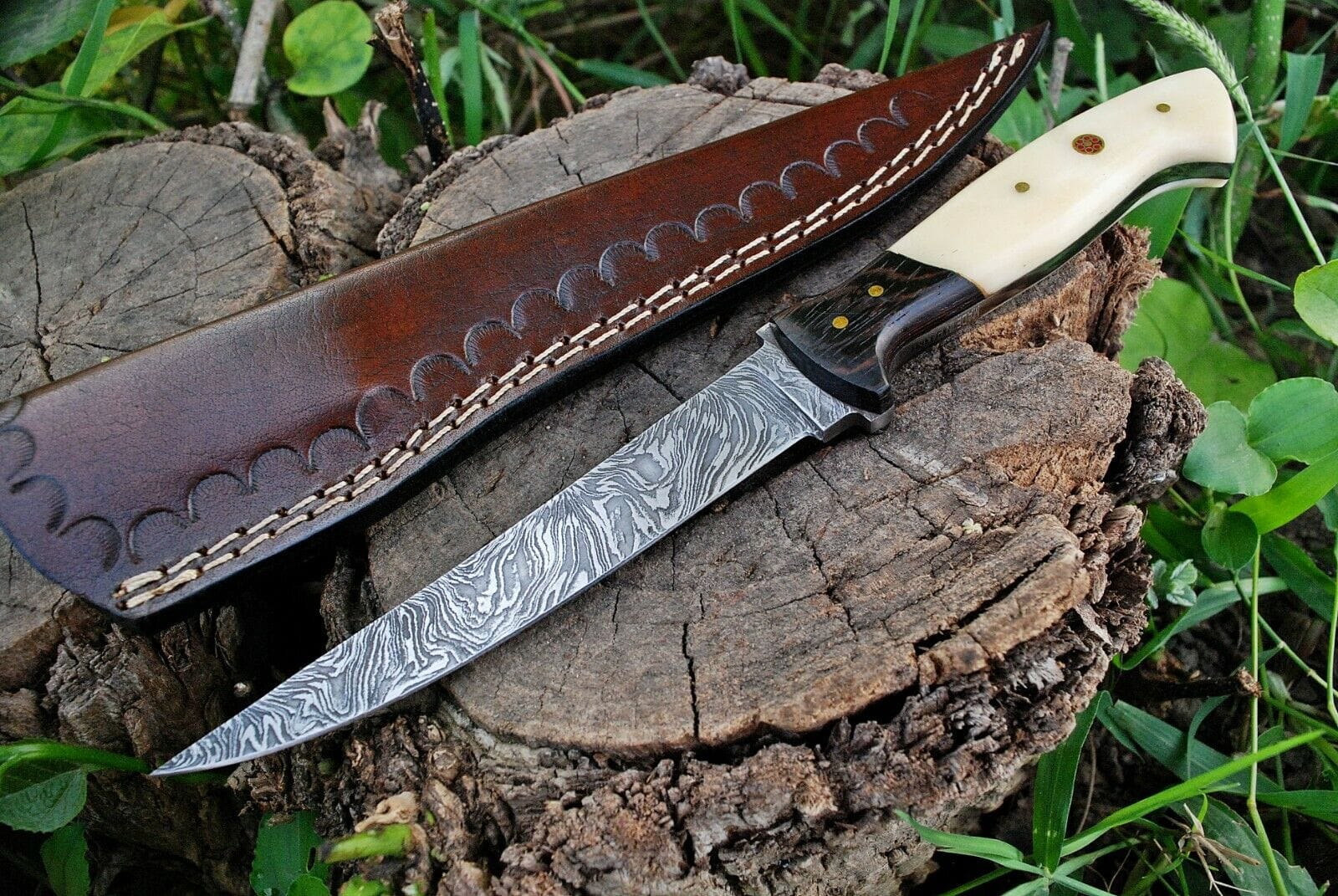 KBS Knives Store Damascus Knife Custom Handmade Damascus Steel Fillet Knife with Wenge Wood and Bone Handle - 11-inch Overall Length"