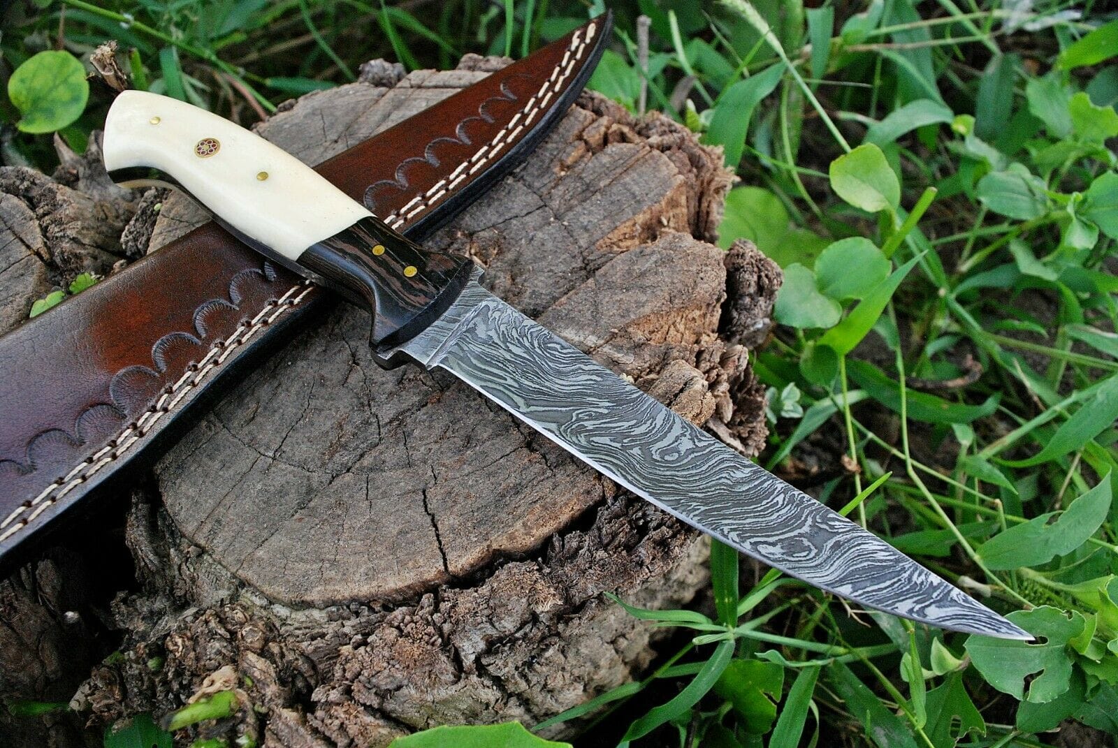 KBS Knives Store Damascus Knife Custom Handmade Damascus Steel Fillet Knife with Wenge Wood and Bone Handle - 11-inch Overall Length"