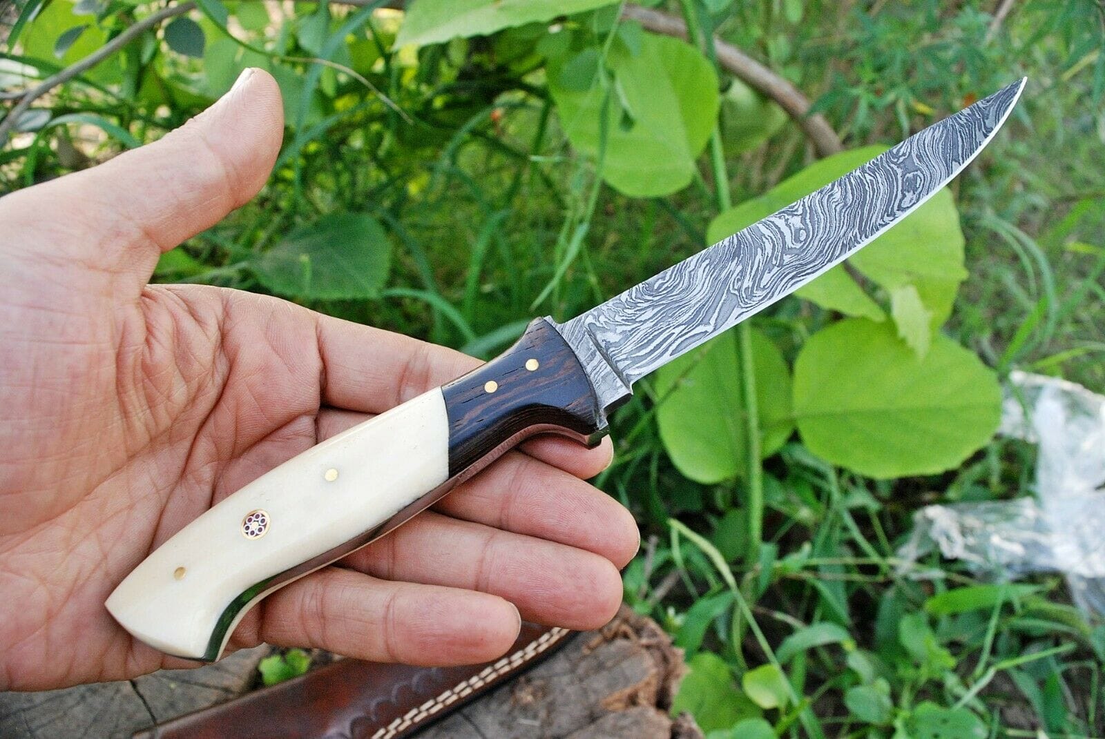 KBS Knives Store Damascus Knife Custom Handmade Damascus Steel Fillet Knife with Wenge Wood and Bone Handle - 11-inch Overall Length"