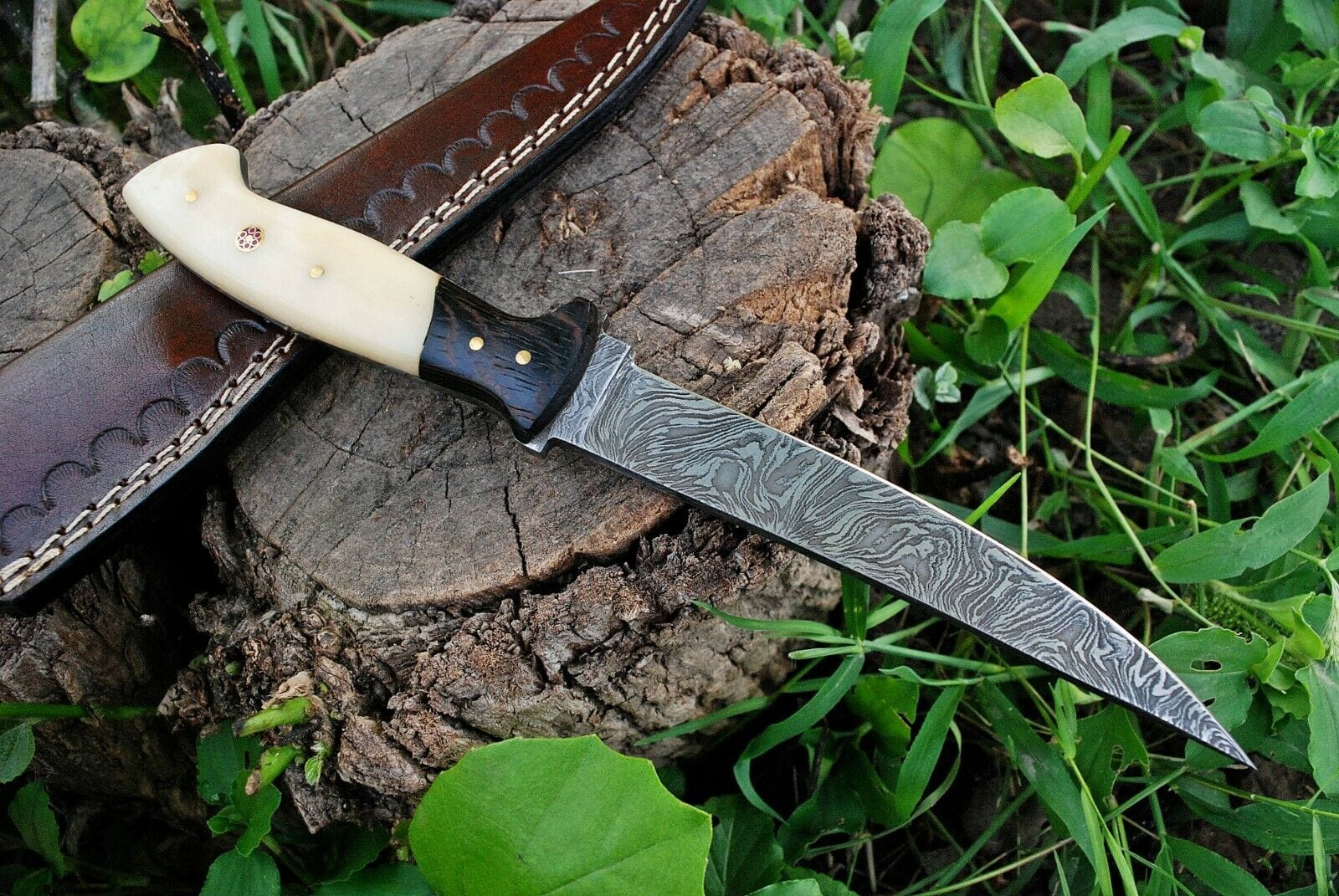 KBS Knives Store Damascus Knife Custom Handmade Damascus Steel Fillet Knife with Wenge Wood and Bone Handle - 11-inch Overall Length"