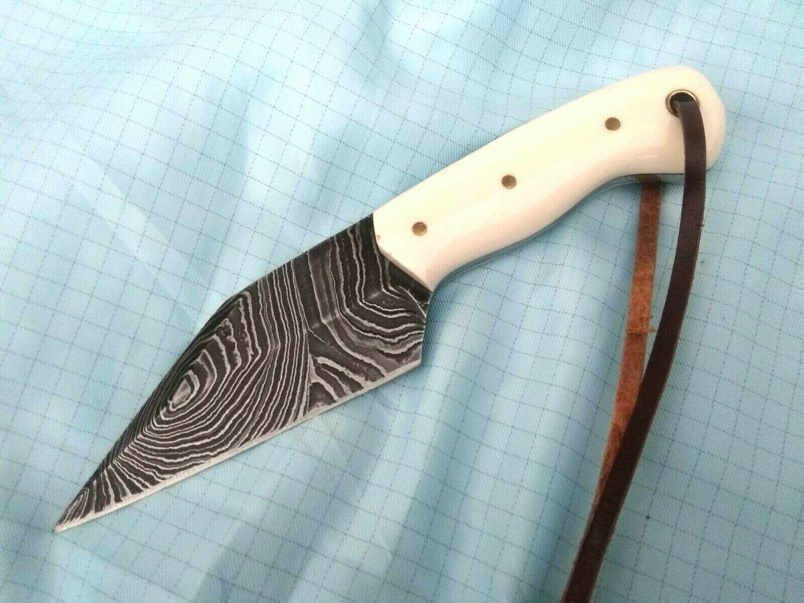 KBS Knives Store Damascus Knife Custom Handmade Damascus Steel Small Seax Knife with Bone Handle and Leather Case - 7 Inches by KBS Knives Store