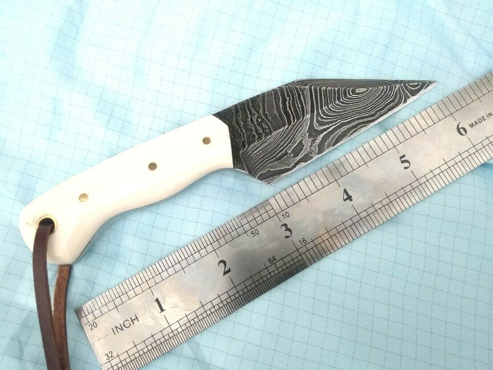 KBS Knives Store Damascus Knife Custom Handmade Damascus Steel Small Seax Knife with Bone Handle and Leather Case - 7 Inches by KBS Knives Store