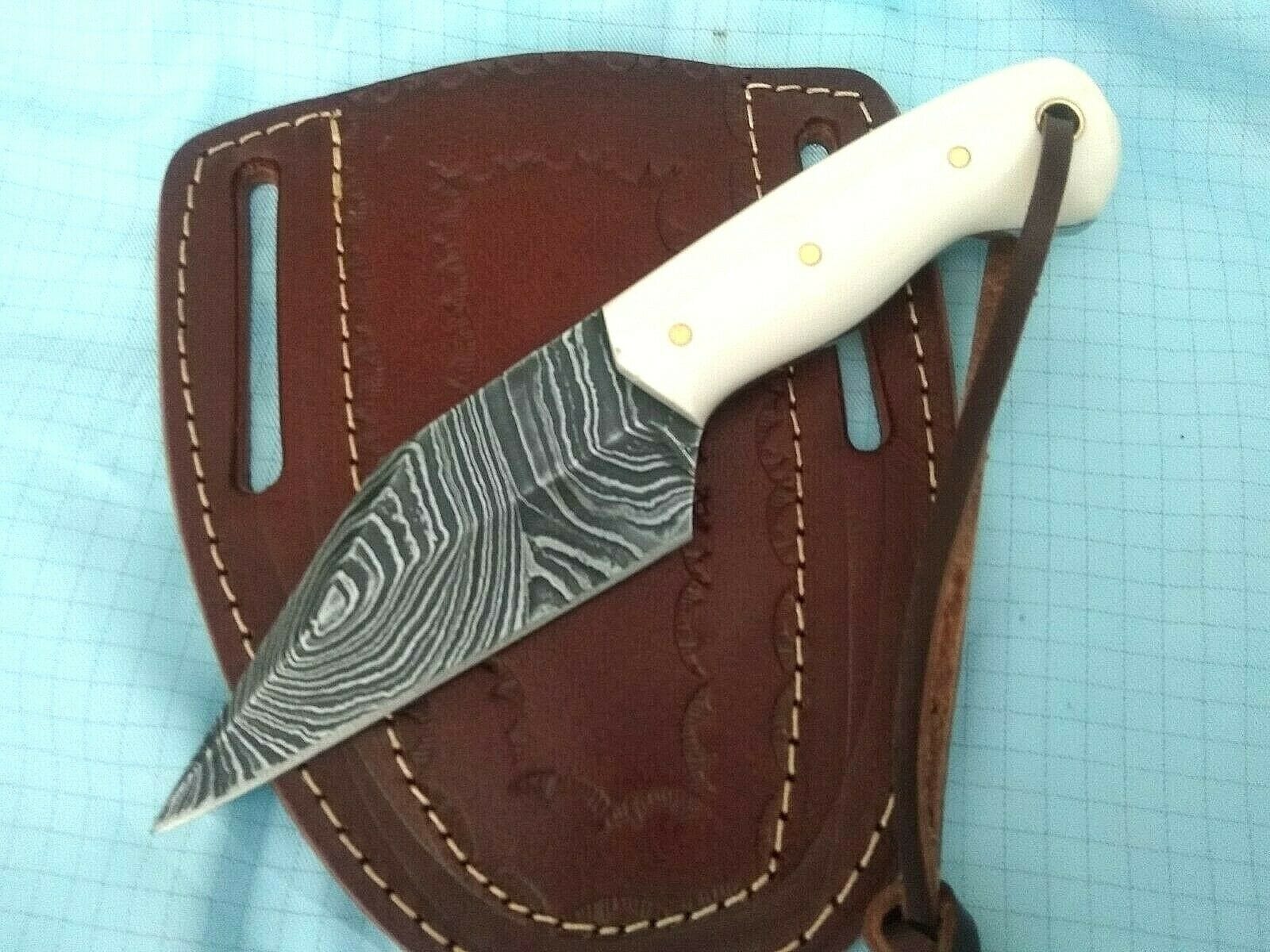KBS Knives Store Damascus Knife Custom Handmade Damascus Steel Small Seax Knife with Bone Handle and Leather Case - 7 Inches by KBS Knives Store