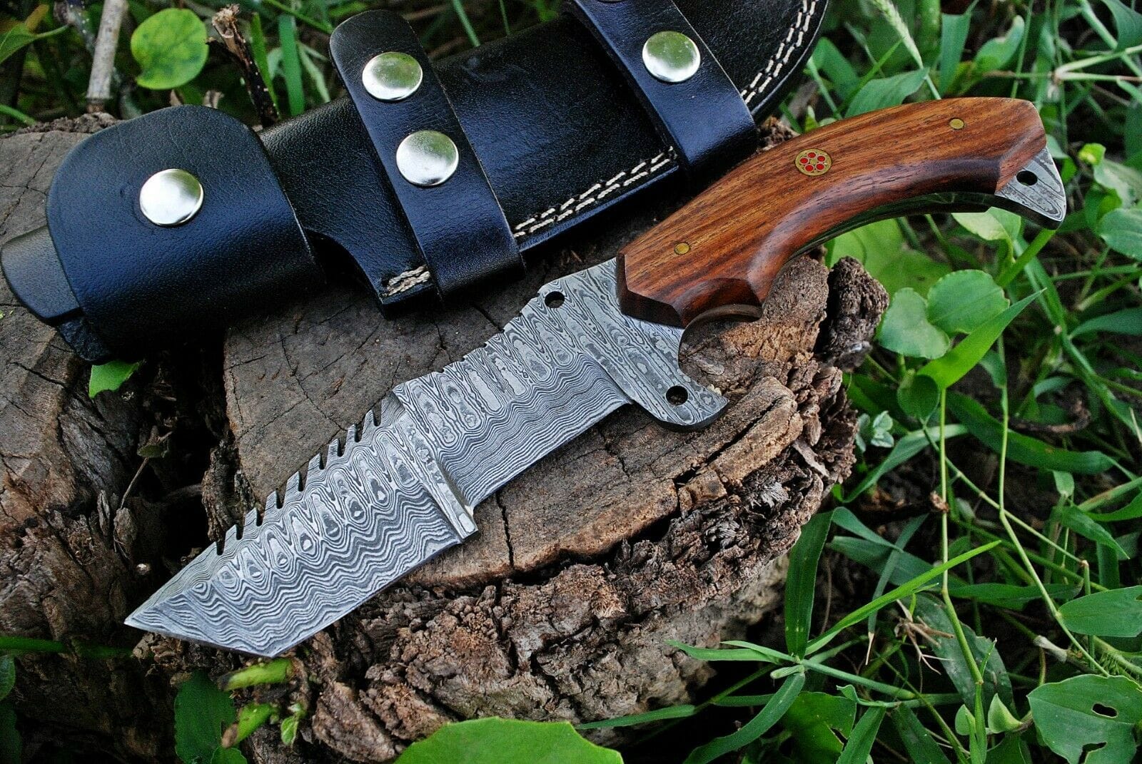 KBS Knives Store Damascus Knife Custom Handmade Damascus Tanto Tracker Knife with Rosewood Handle - 10 inches Overall Length, Serrated Top Blade