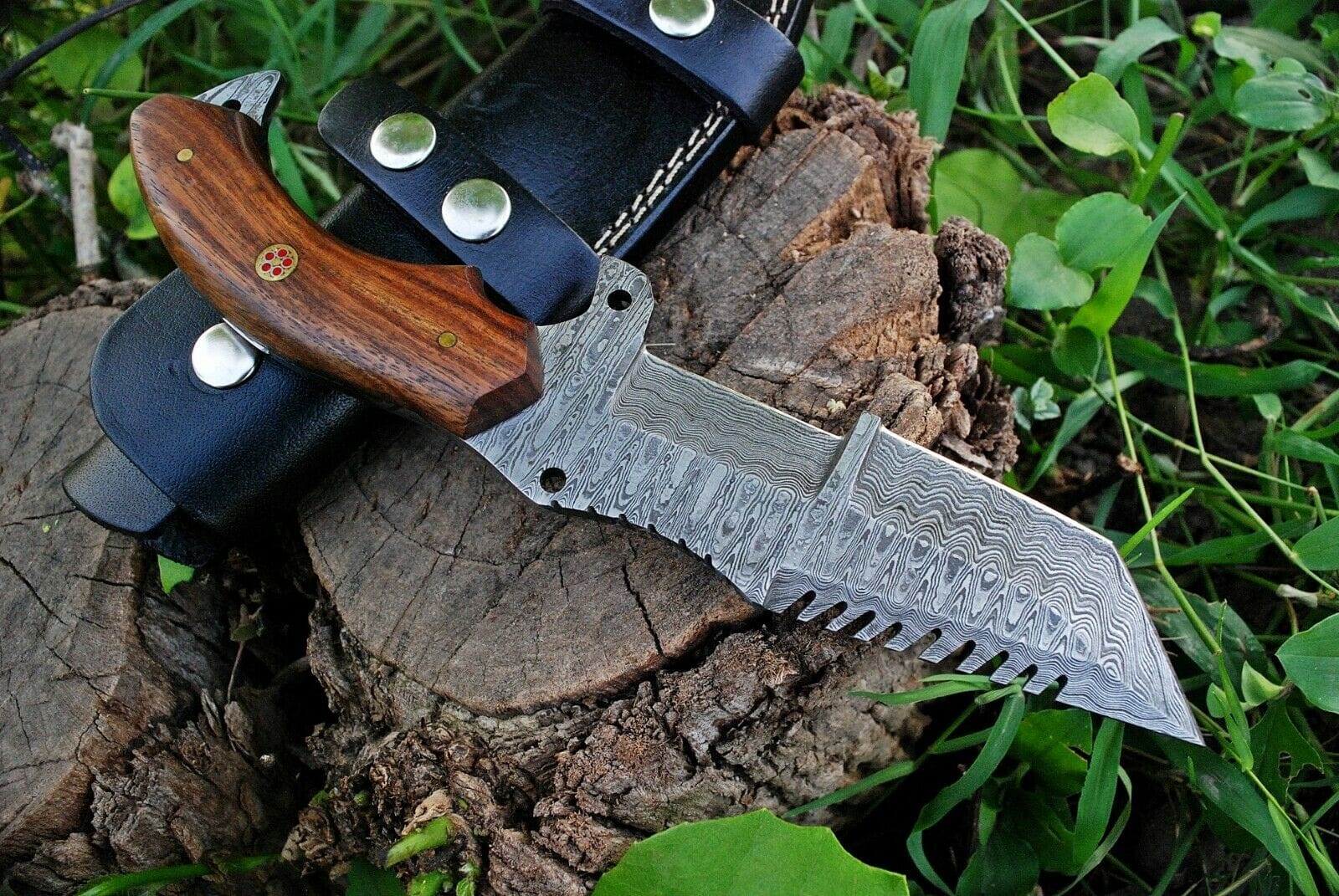 KBS Knives Store Damascus Knife Custom Handmade Damascus Tanto Tracker Knife with Rosewood Handle - 10 inches Overall Length, Serrated Top Blade
