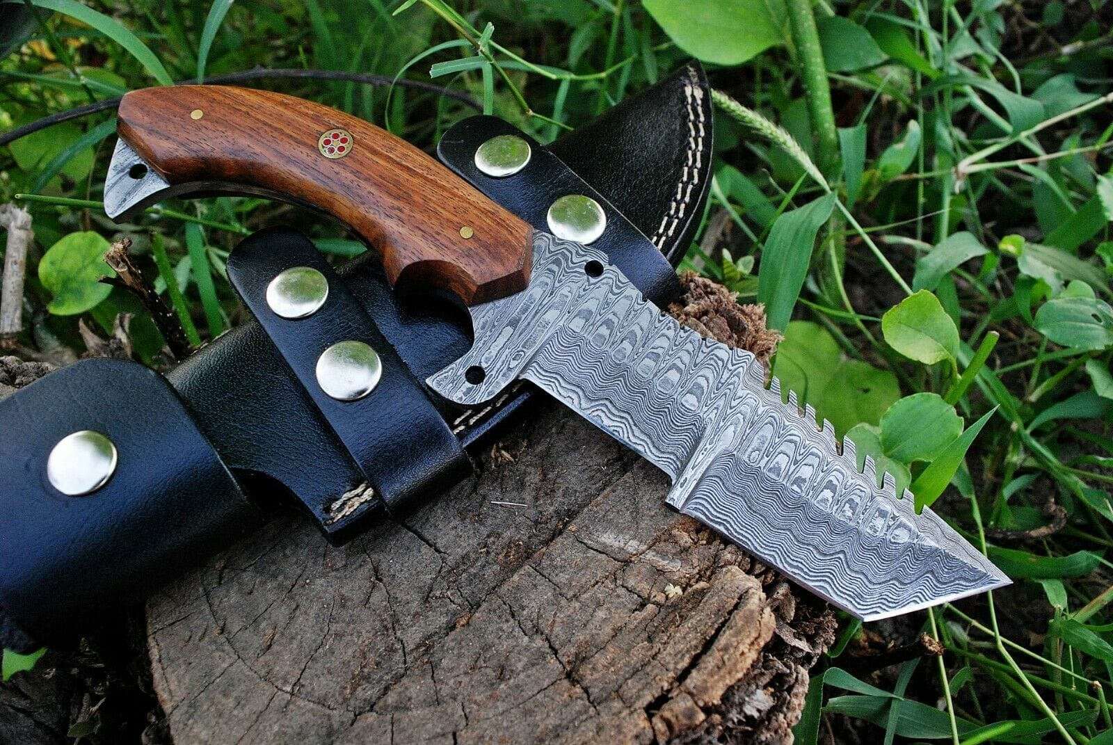 KBS Knives Store Damascus Knife Custom Handmade Damascus Tanto Tracker Knife with Rosewood Handle - 10 inches Overall Length, Serrated Top Blade