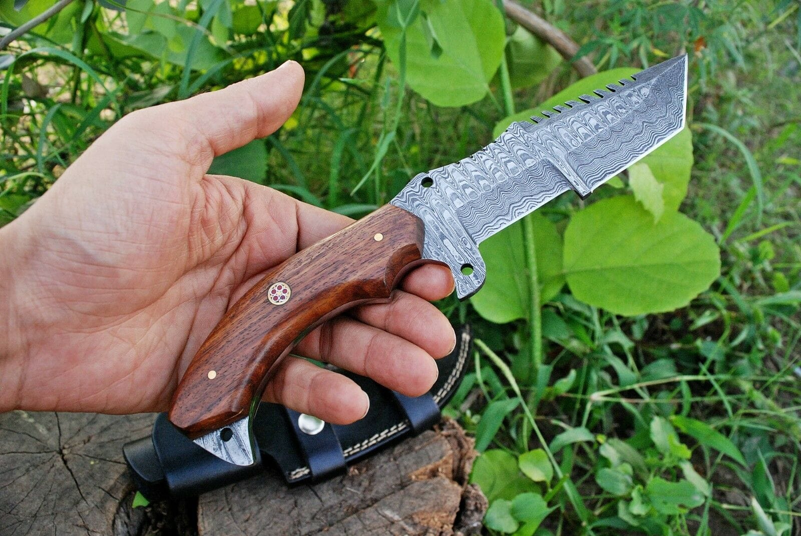 KBS Knives Store Damascus Knife Custom Handmade Damascus Tanto Tracker Knife with Rosewood Handle - 10 inches Overall Length, Serrated Top Blade