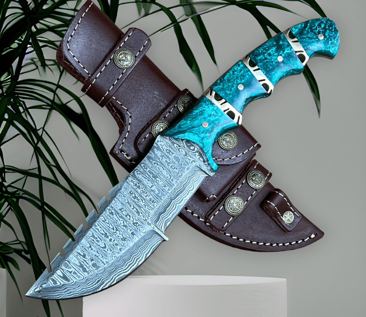 KBS Knives Store Damascus Knife Damascus Handmade Tom Brown Tracker Knife For Sale with Epoxy Resin and Brass Spacers Handle - Overall Length 10 Inches