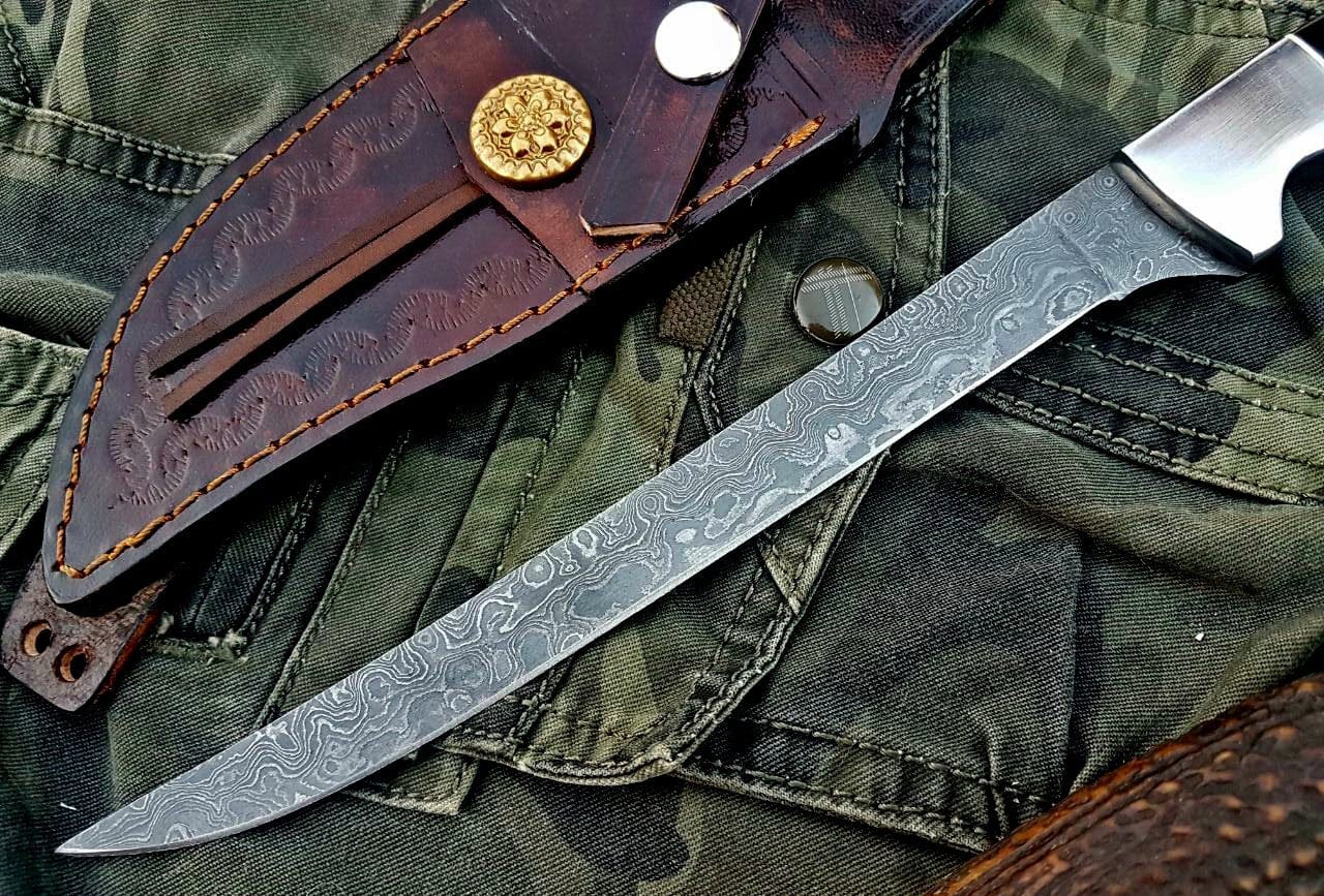 KBS Knives Store Damascus Knife Damascus Steel handmade Fillet Boning Knife With Black Micarta and Steel Bolster handle, Overall length 13 inches