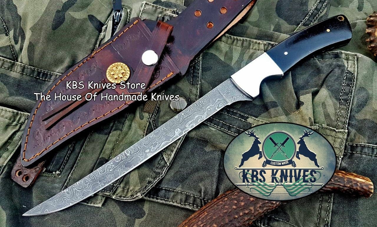 KBS Knives Store Damascus Knife Damascus Steel handmade Fillet Boning Knife With Black Micarta and Steel Bolster handle, Overall length 13 inches