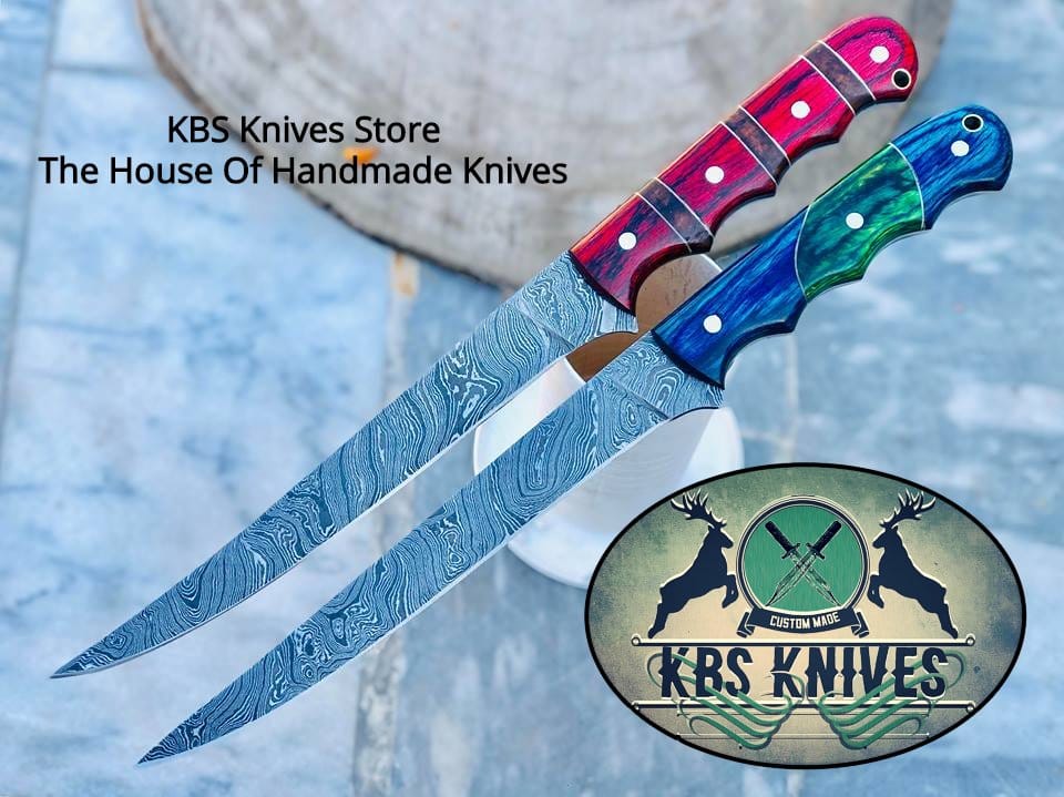 KBS Knives Store Damascus Knife Damascus Steel Handmade Fillet Boning Knife with Exotic Color Wood Handles, 13 Inches with Leather Sheath by KBS Knives Store