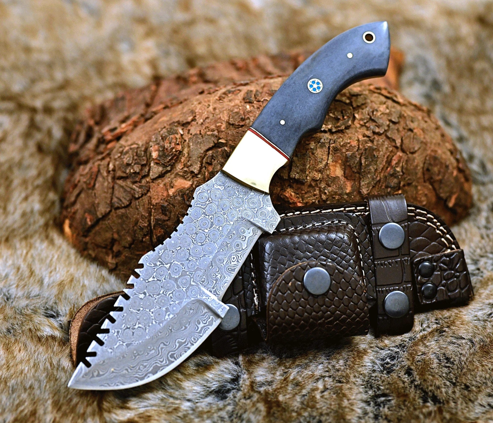 KBS Knives Store Damascus Knife Damascus Steel Handmade Tom Brown Best Tracker Knife For Sale with Color Bone and Brass Bolster Handle