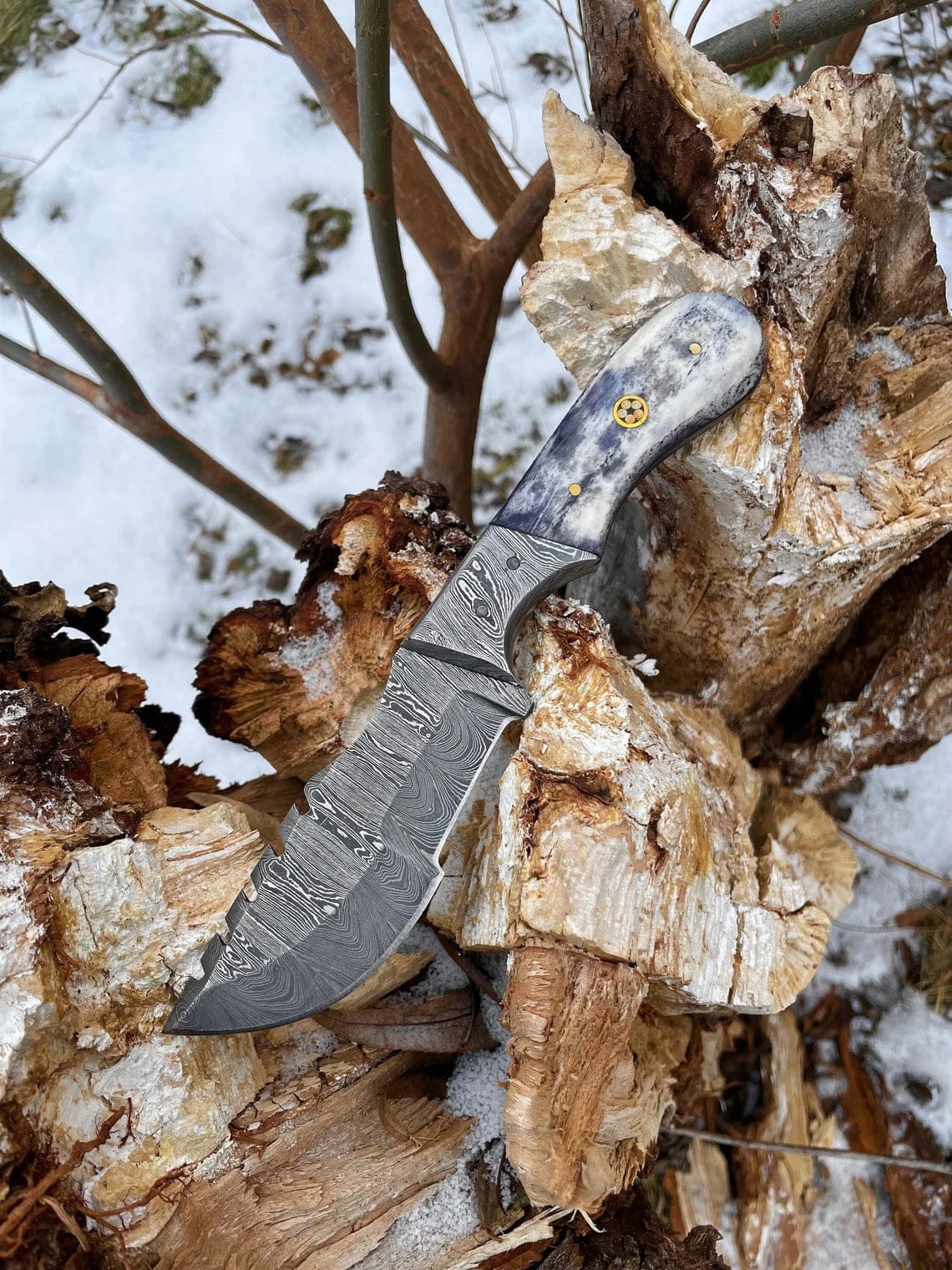 KBS Knives Store Damascus Knife Damascus Steel Handmade Tom Brown Tracker Knife with Color Bone and Damascus Bolster Handle - 12 Inches Overall Length