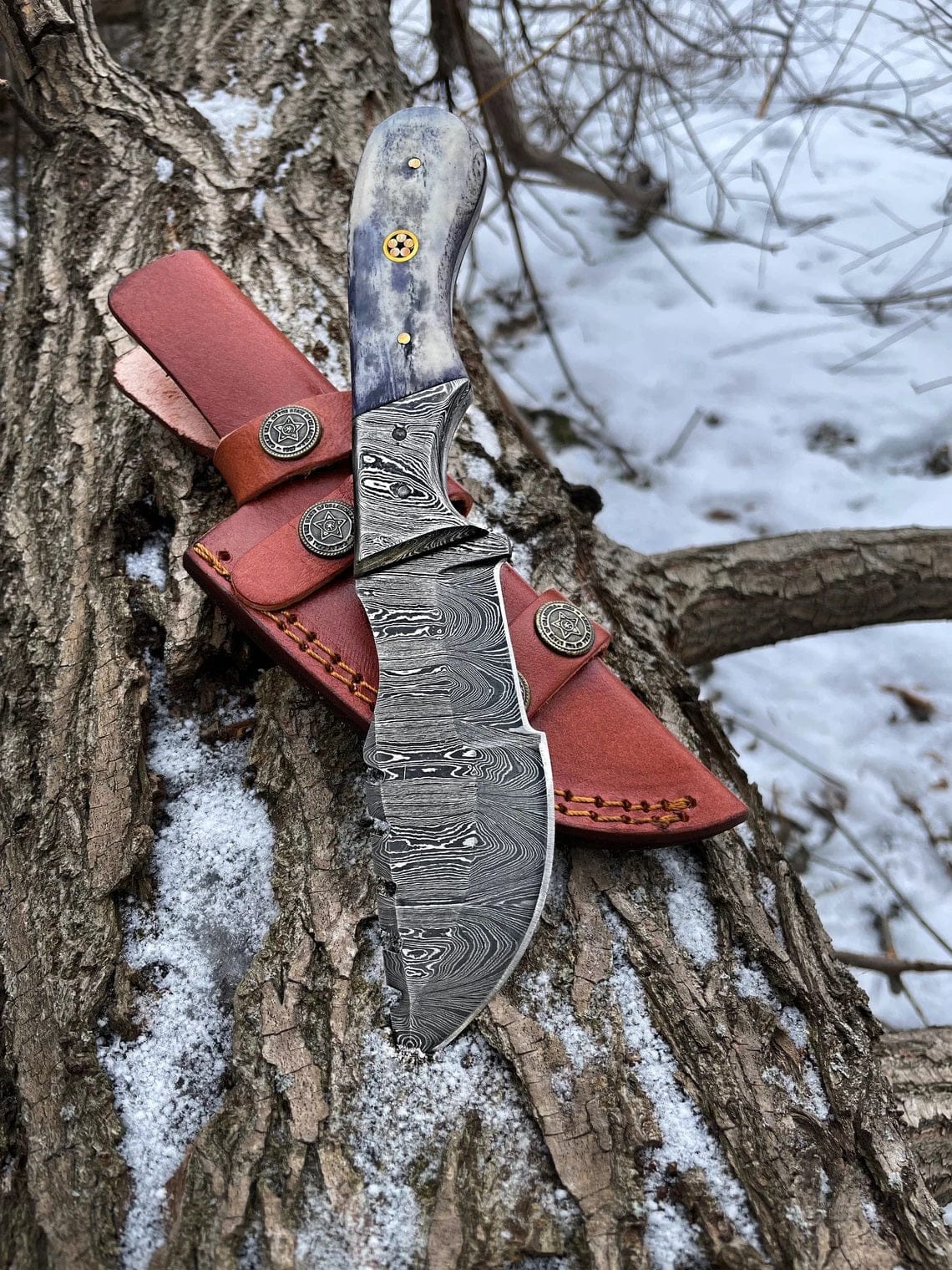KBS Knives Store Damascus Knife Damascus Steel Handmade Tom Brown Tracker Knife with Color Bone and Damascus Bolster Handle - 12 Inches Overall Length