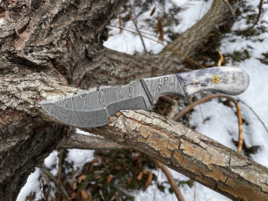 KBS Knives Store Damascus Knife Damascus Steel Handmade Tom Brown Tracker Knife with Color Bone and Damascus Bolster Handle - 12 Inches Overall Length