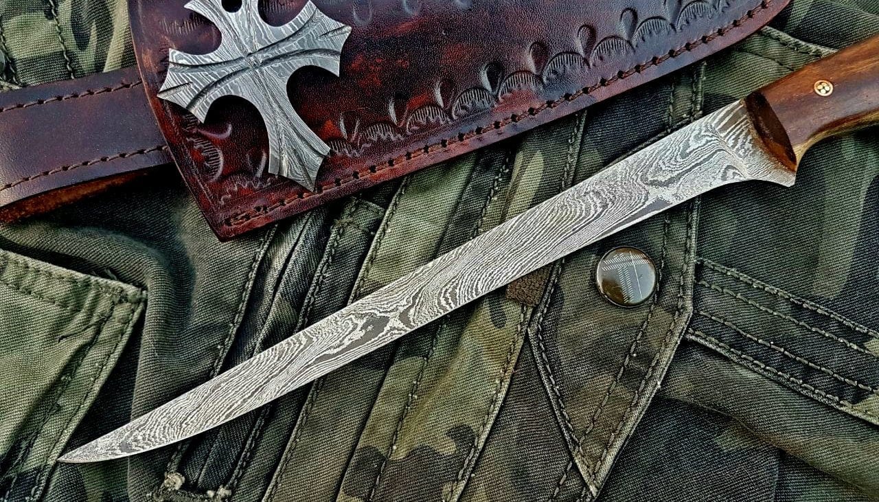 KBS Knives Store Damascus Knife Fish Boning Knife – 8" Damascus Steel with Rosewood Handle