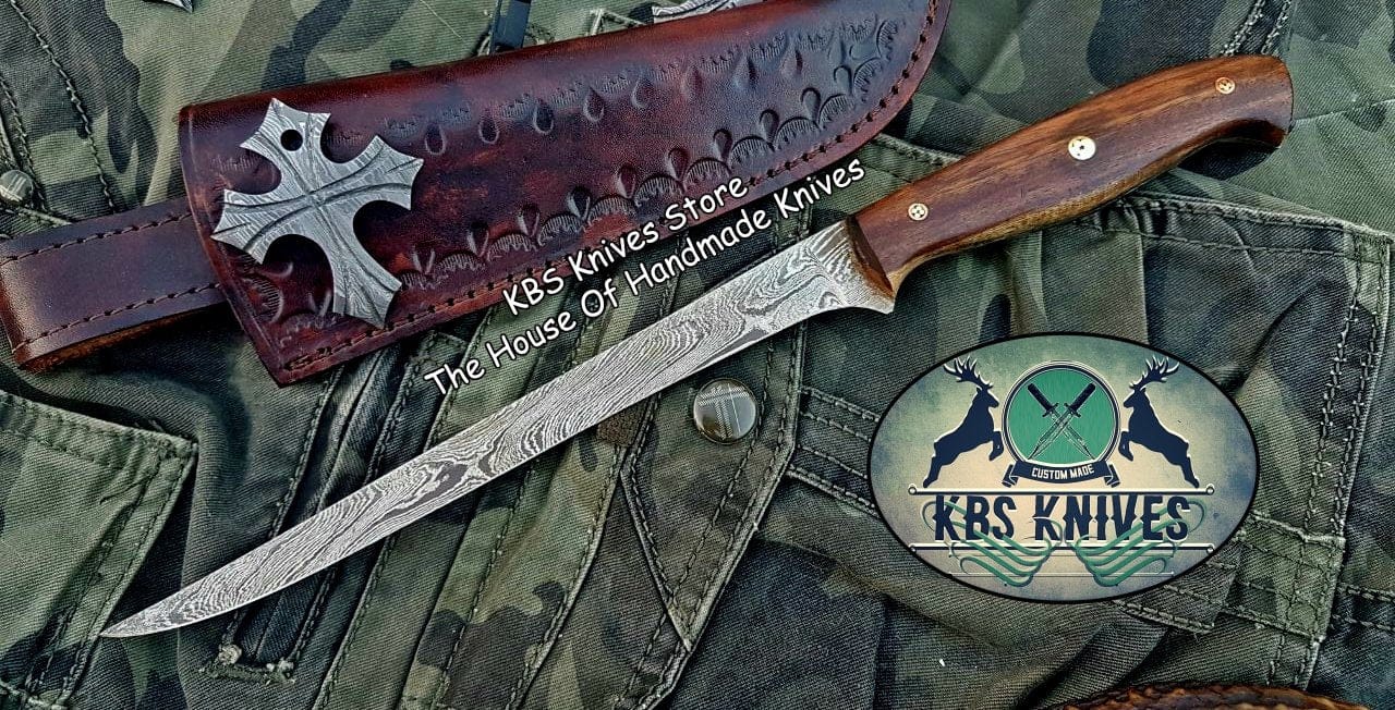KBS Knives Store Damascus Knife Fish Boning Knife – 8" Damascus Steel with Rosewood Handle